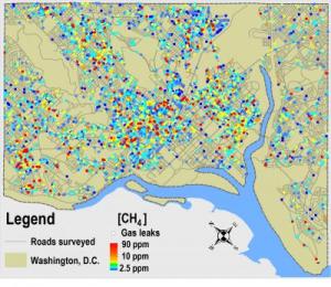 This map shows where researchers found natural gas leaks under D.C. city streets. Credit: Duke University. http://www.eurekalert.org/multimedia/pub/67229.php?from=258055